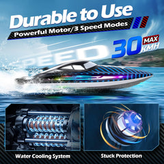 Jogpun 30kmh RC boat with side LED lights for nighttime visibility