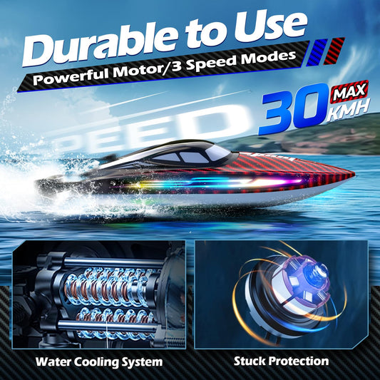 Jogpun RC Boat 30KMH front view with LED lights enhances night visibility.