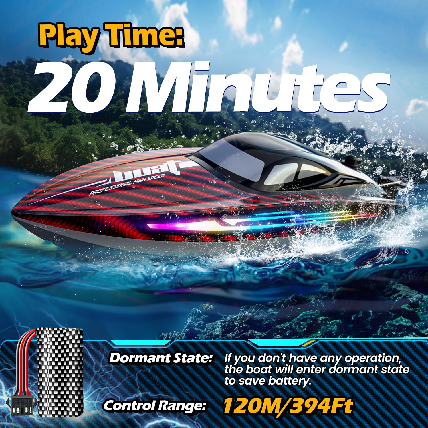 Jogpun RC Boat 30KMH LED light strips improve visibility during dusk.