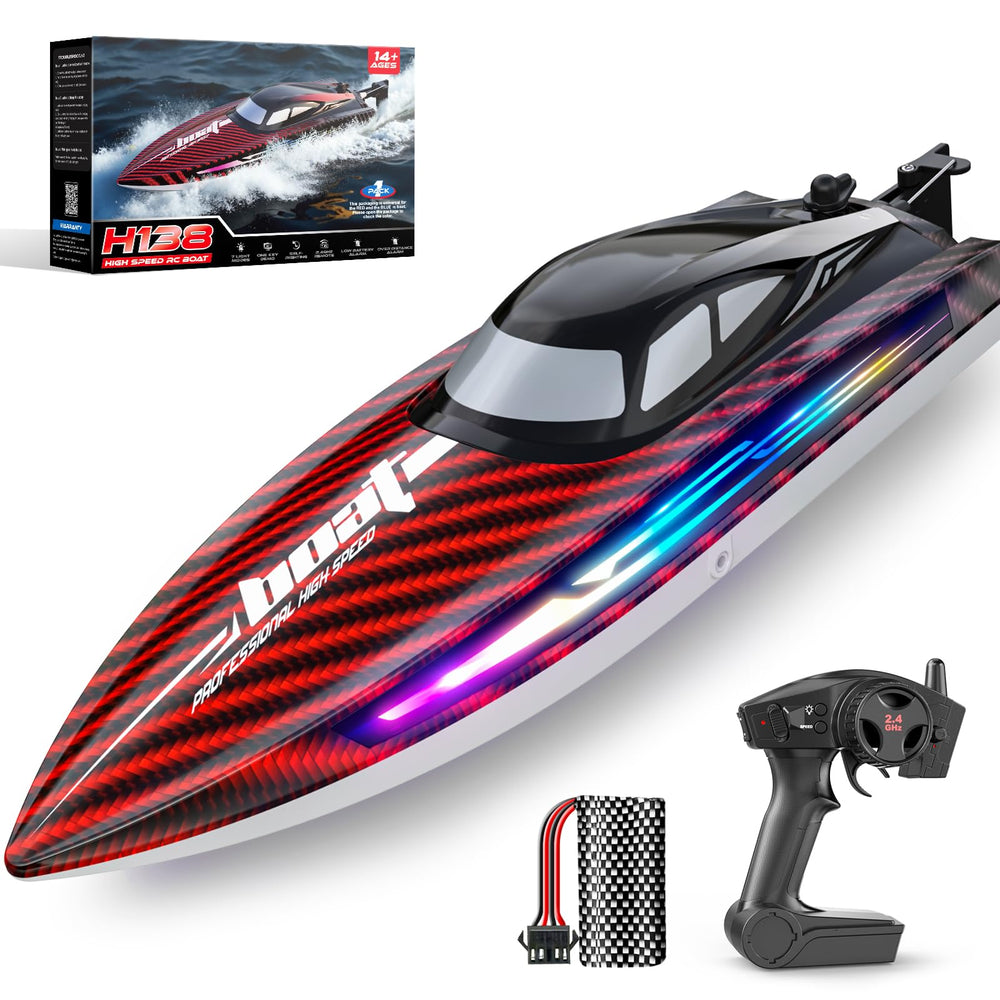 Jogpun RC Boat 30KMH side view highlights its sleek hull for fast lake fun.