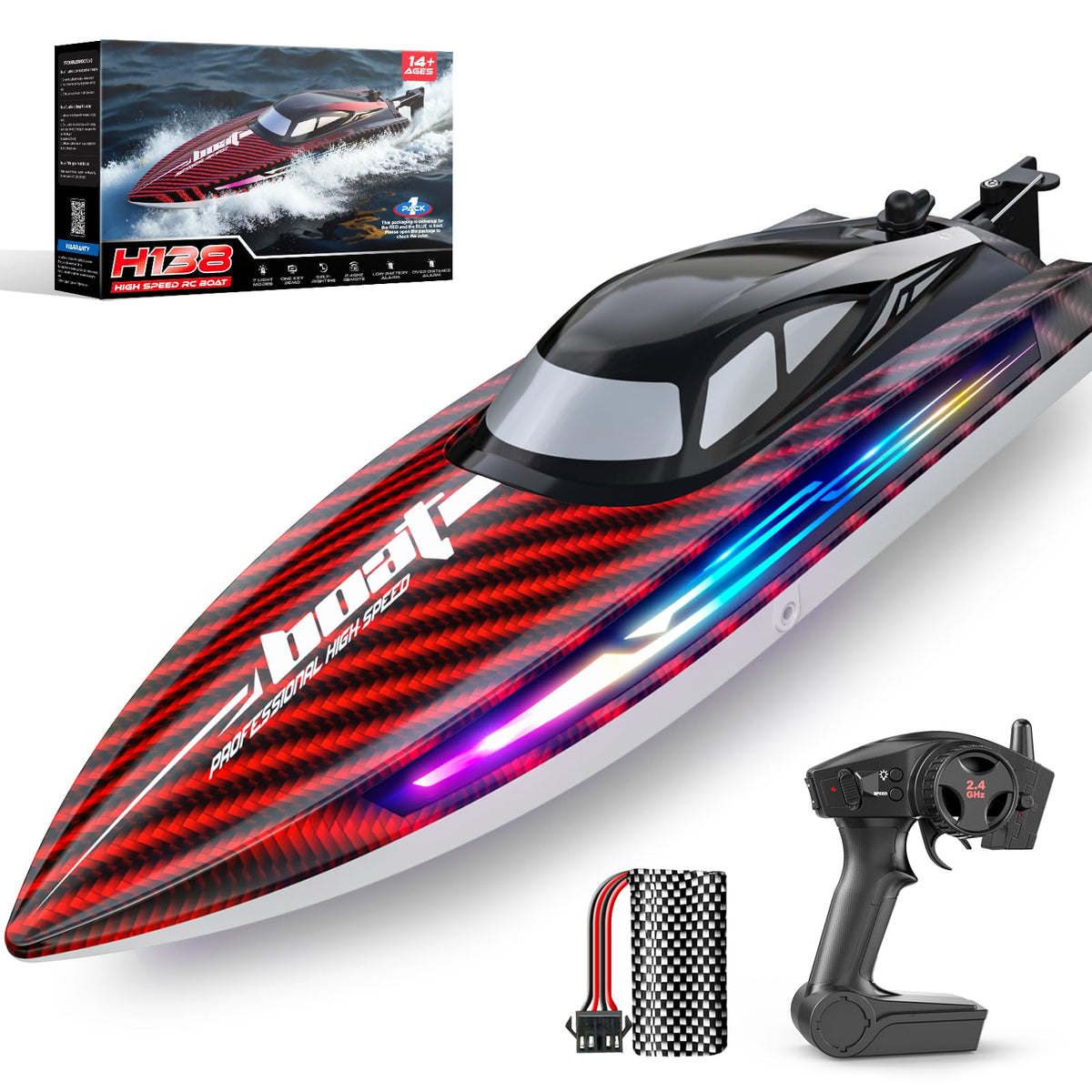 Jogpun RC Boat 30KMH side view highlights its sleek hull for fast lake fun.