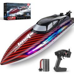 Jogpun RC Boat 30KMH side view highlights its sleek hull for fast lake fun.