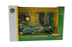 John Deere 1/64 scale harvesting set box, compact display packaging for collectors.