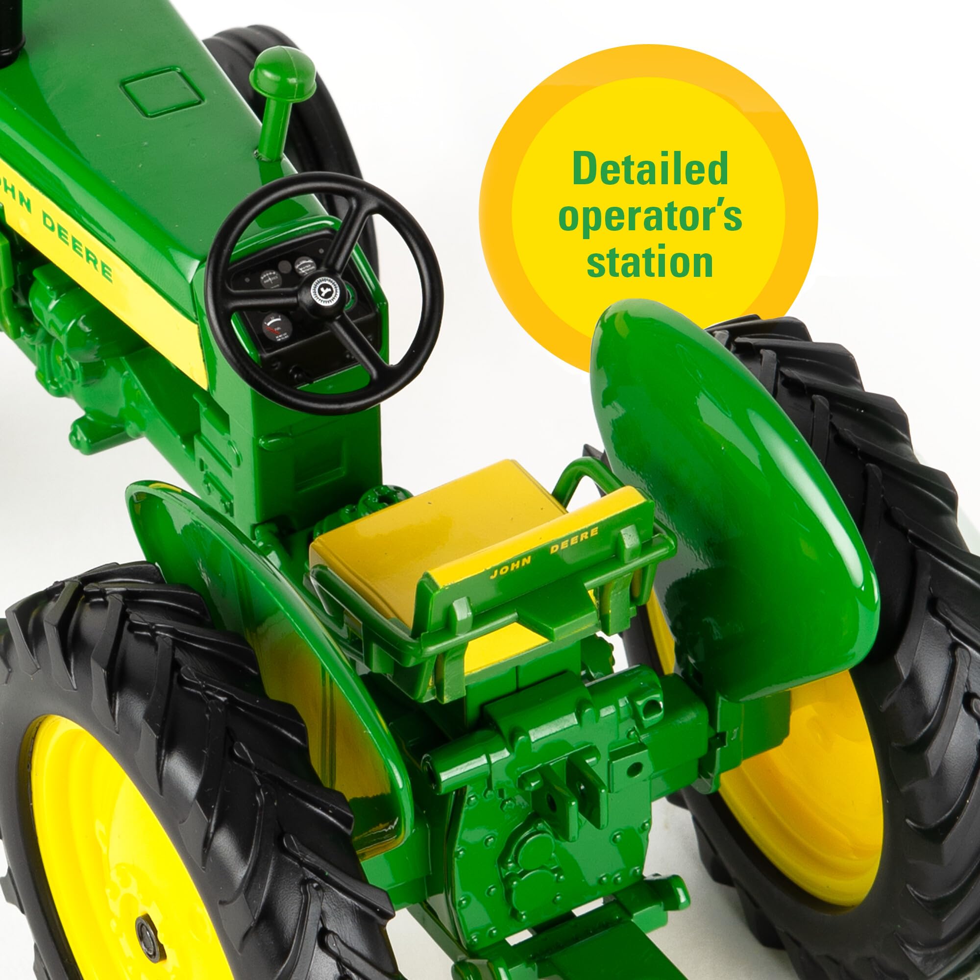 John Deere 435 rear hitch demonstrates compatibility with 1:16 implements.
