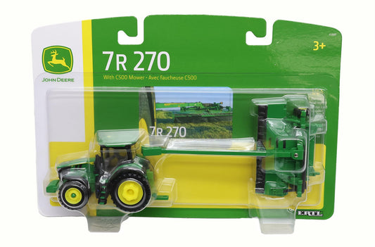 John Deere 7R 270 tractor with mower set, rear view, ready for pretend farm tasks