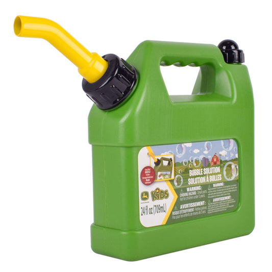 John Deere bubble bottle gas-can pour enhances outdoor play.