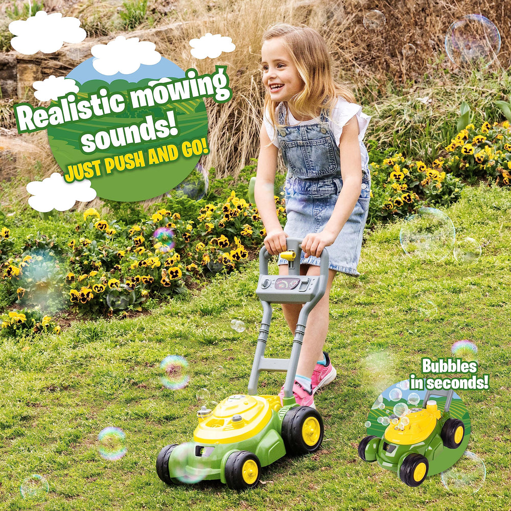 Bubble stream from John Deere mower adds fun during outdoor play.