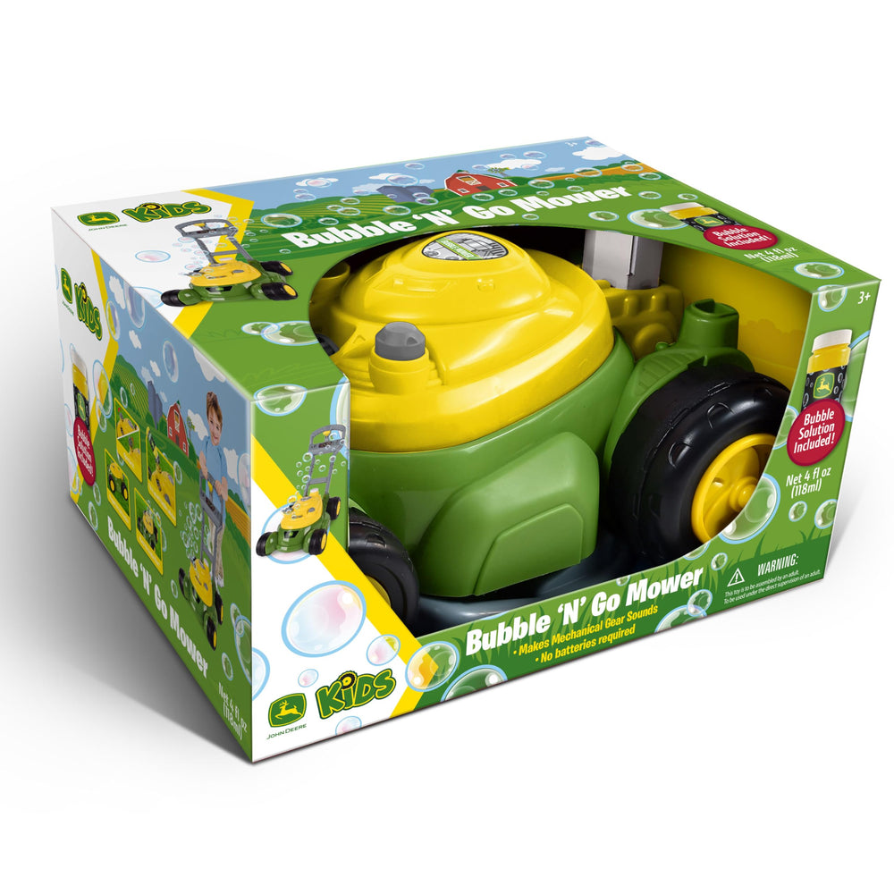 John Deere Bubble Lawn Mower supports imaginative outdoor gardening pretend play.