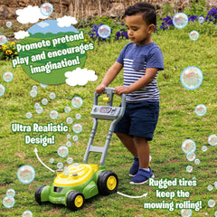 John Deere Bubble Lawn Mower produces mechanical sounds to boost pretend play.