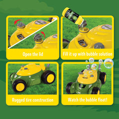 John Deere mower includes bubble solution for quick setup and continuous bubbles.