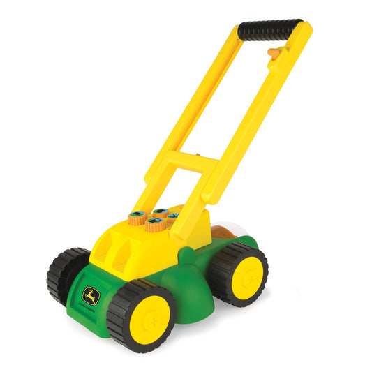 John Deere electronic lawn mower toy with real sounds enhances immersive pretend play.