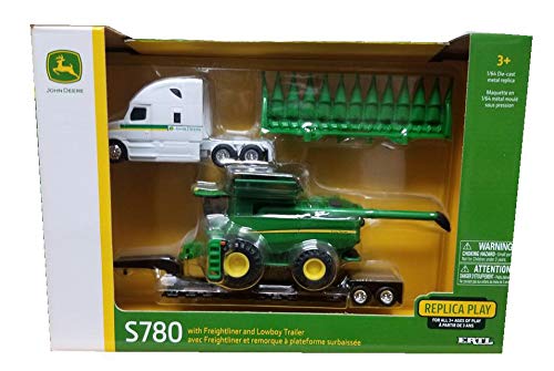 John Deere Freightliner Cascadia with lowboy trailer, durable die cast display piece.