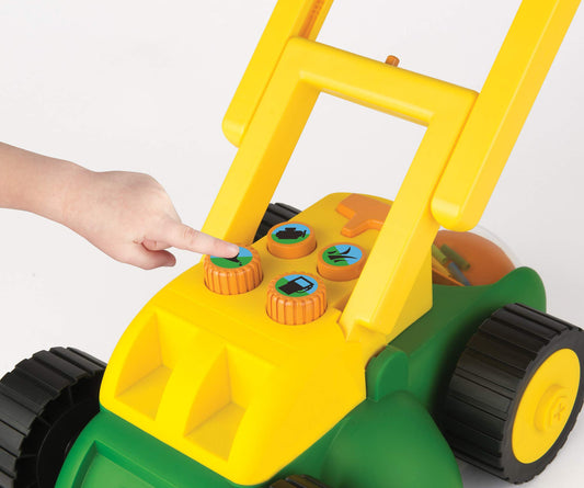 John Deere lawn mower toy encourages kids to imitate yard work during playtime.