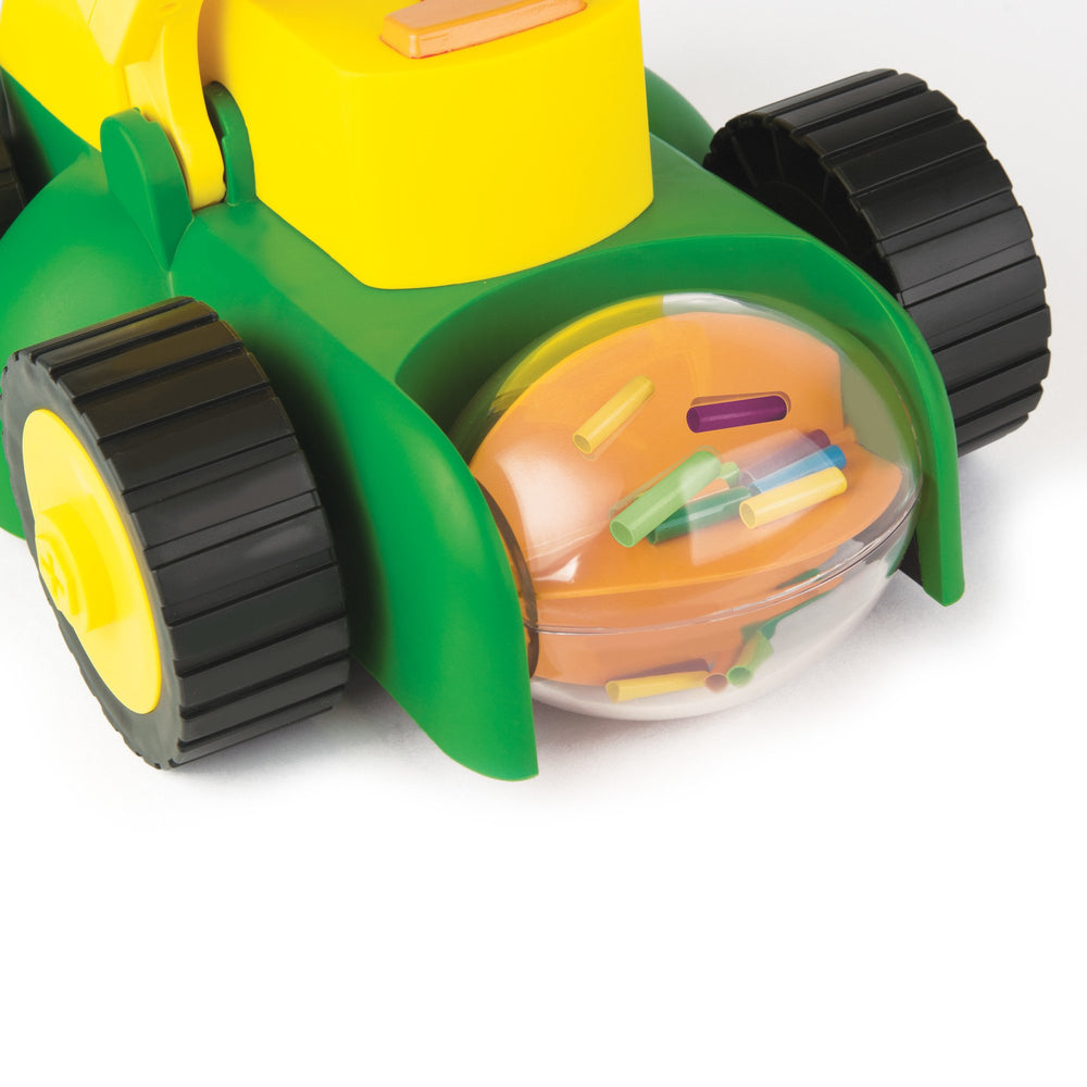 John Deere mower features voice prompts to check oil and gas for interactive learning.