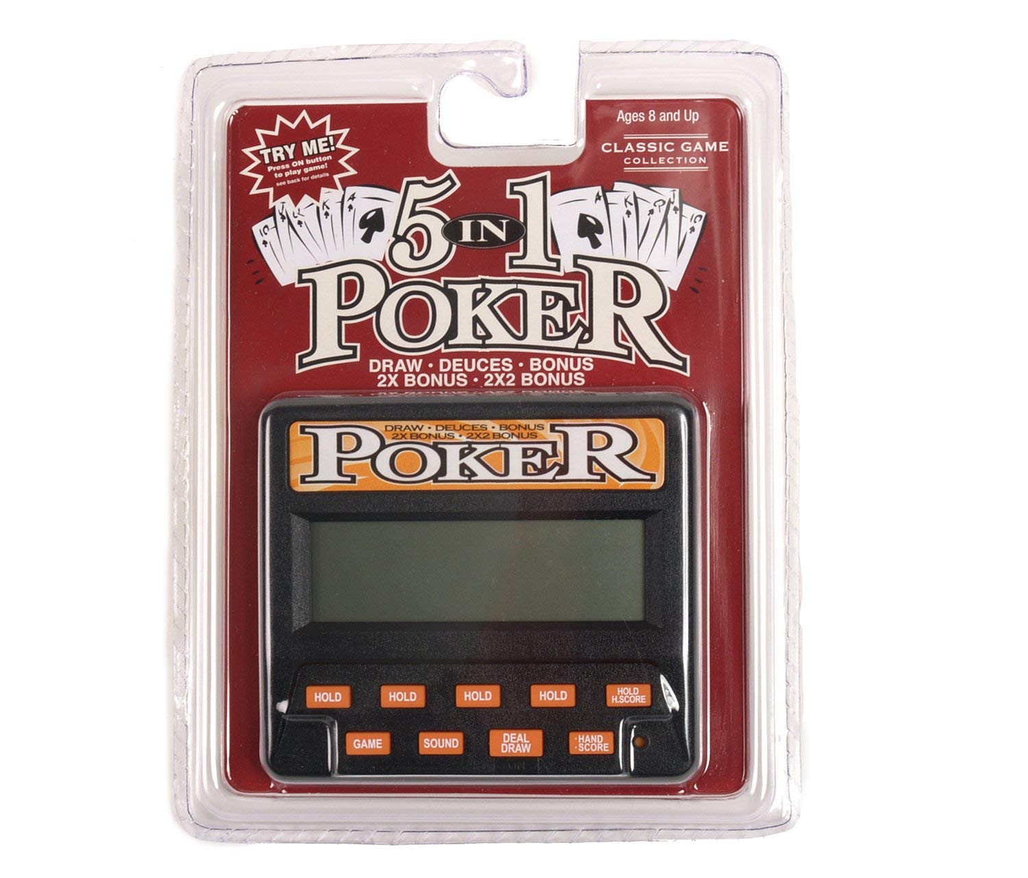 John N. Hansen Classic 5-in-1 Poker electronic games in action for indoor play.