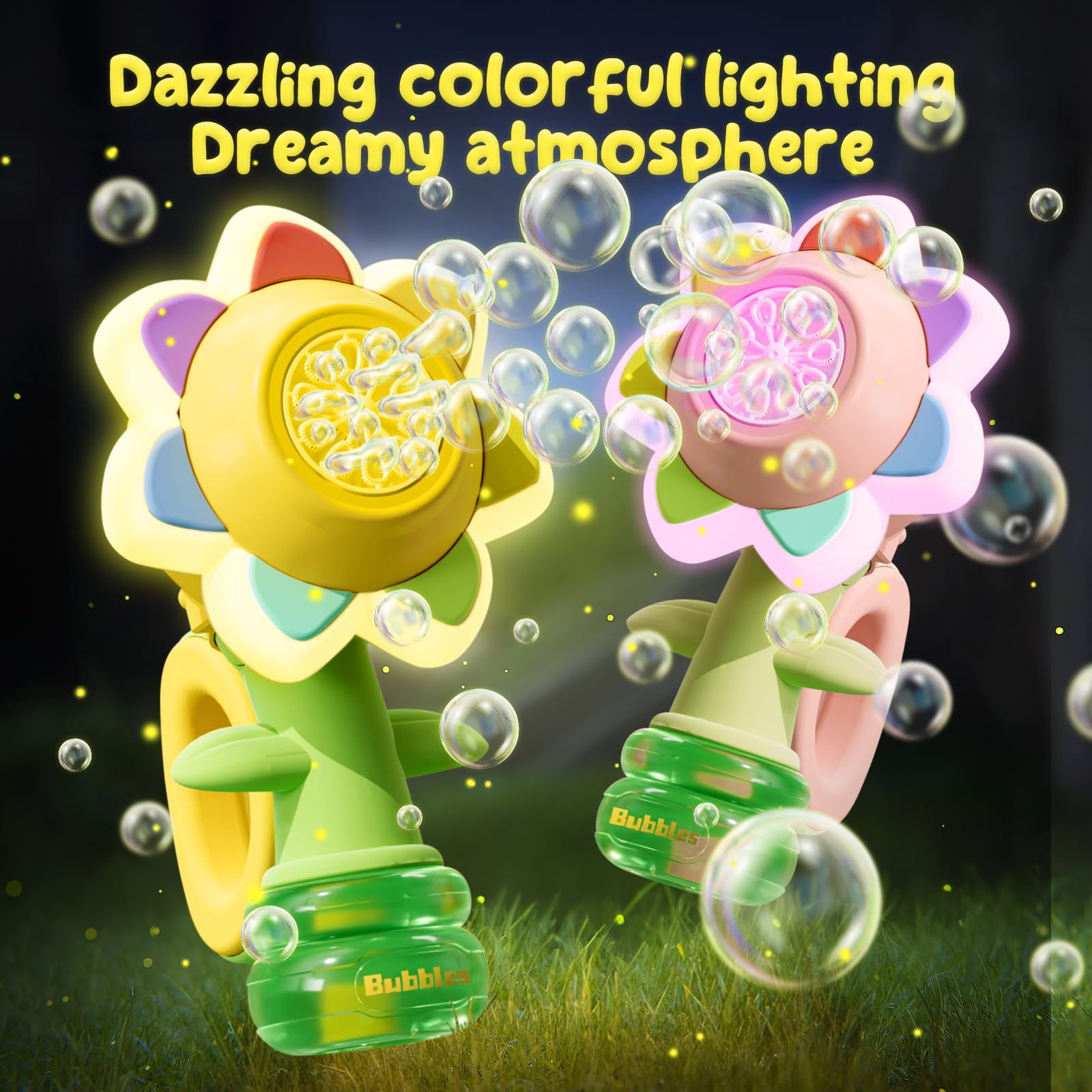 JOI MEW LED lights brighten backyard bubble moments at dusk.