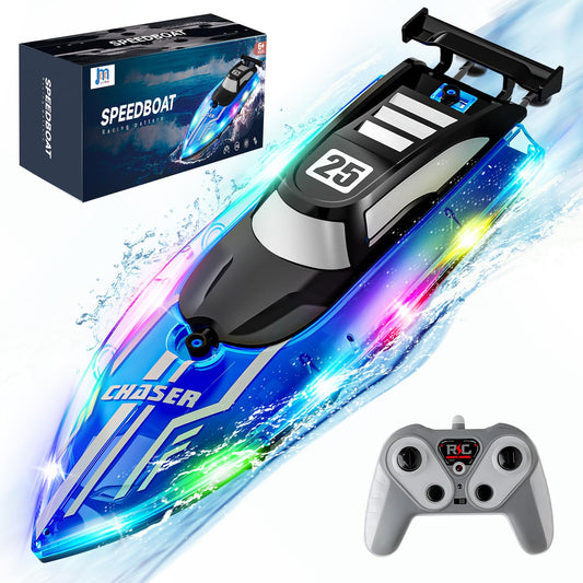 JOI MEW RC Boat with LED lights for night visibility and tracking.