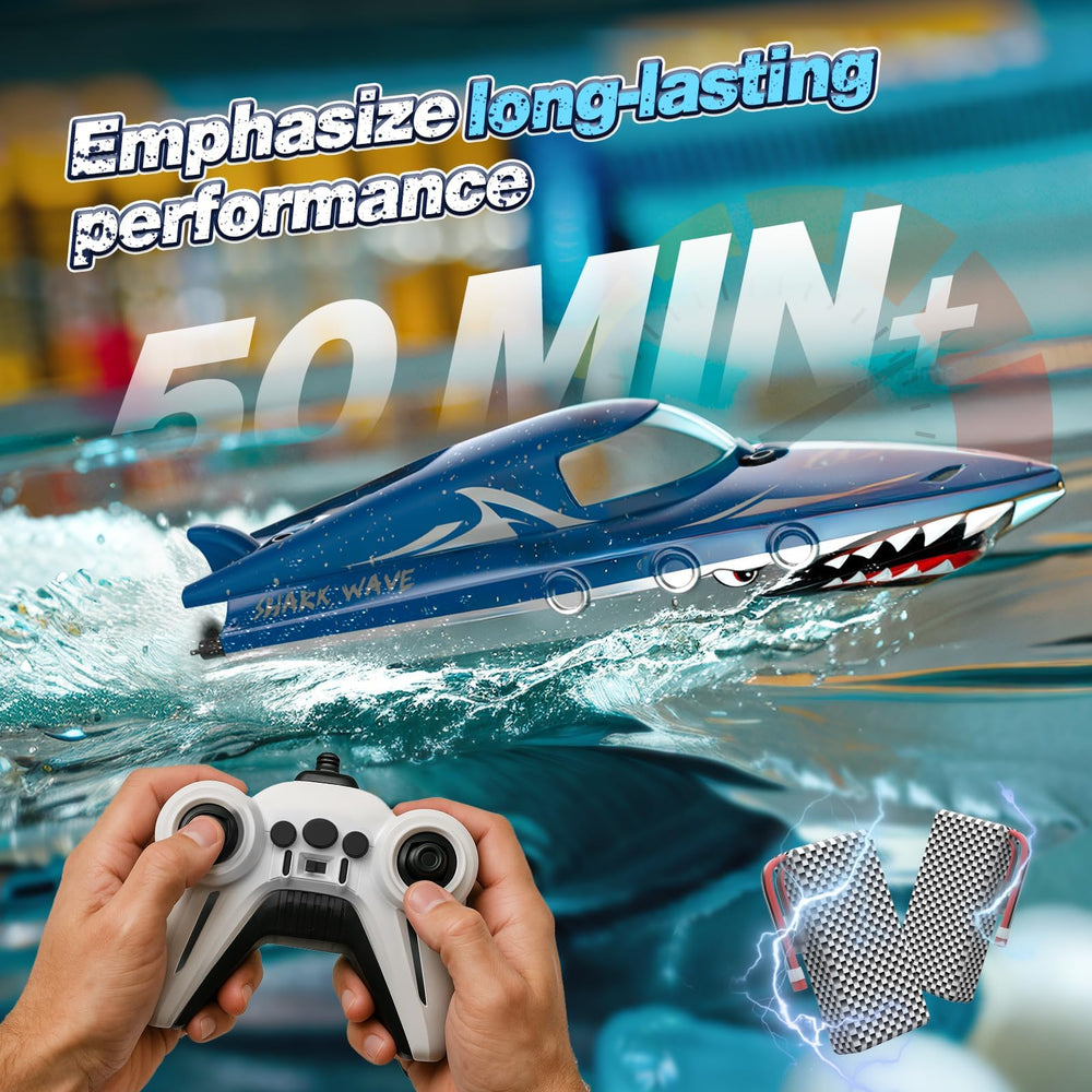 JOI MEW Shark RC Boat 2.4GHz remote maintains stable, interference-free control.