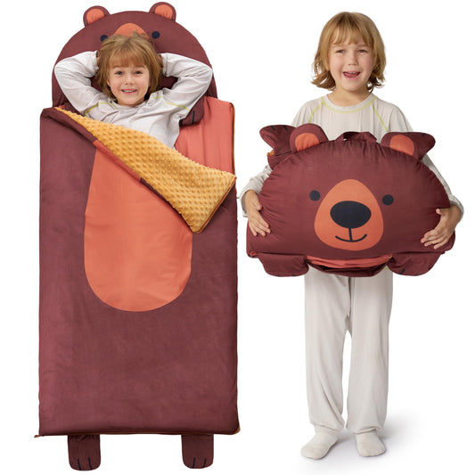 Joiedomi Kids Nap Mat with pillow offers gentle head support for naps.