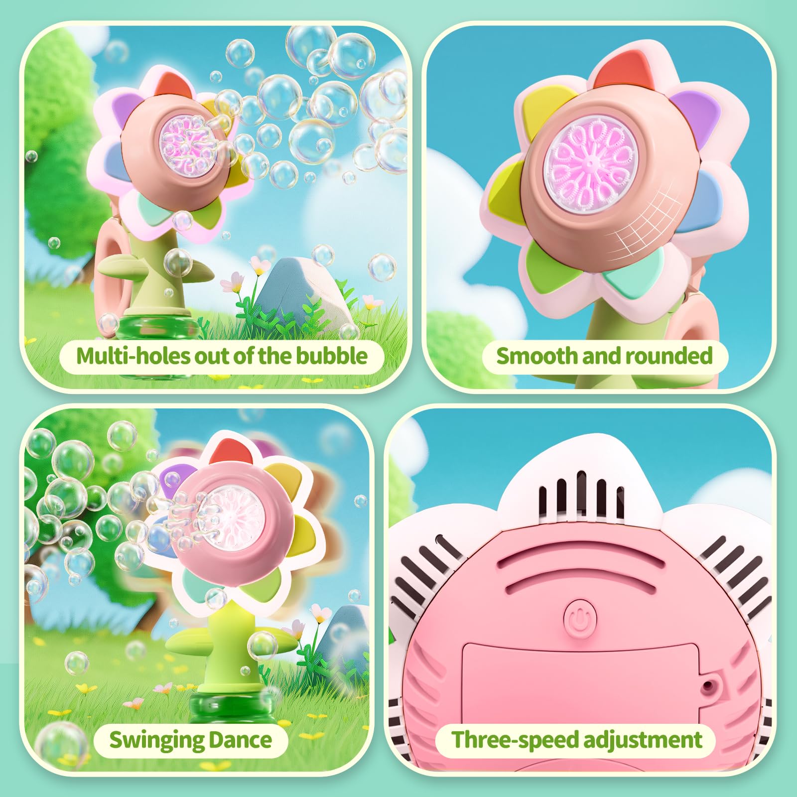 JOI MEW flower-design bubble gun glowing as bubbles rise.