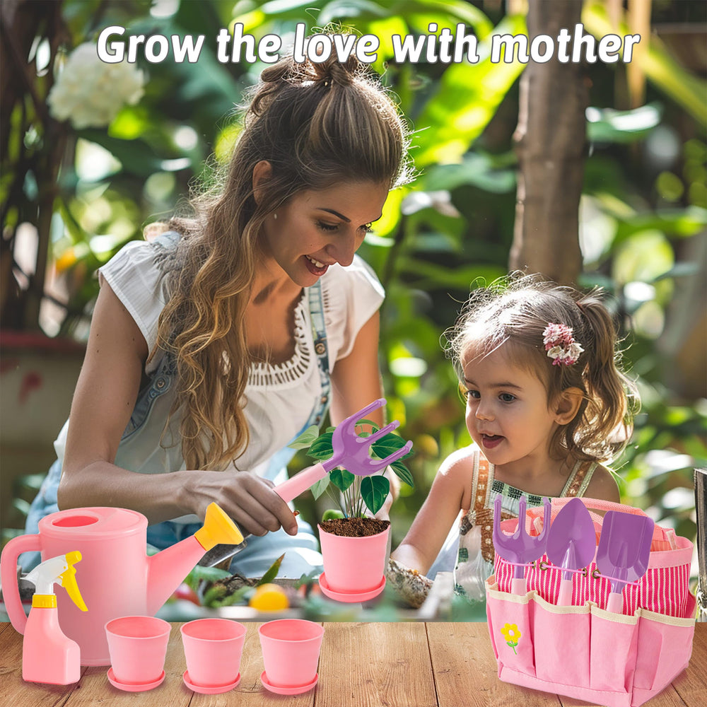 JOI MEW Kids Pink Gardening Tools Set tote bag organizes tools for on-the-go play.