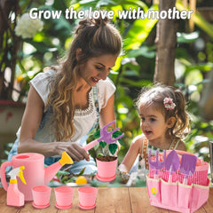 JOI MEW Kids Pink Gardening Tools Set tote bag organizes tools for on-the-go play.