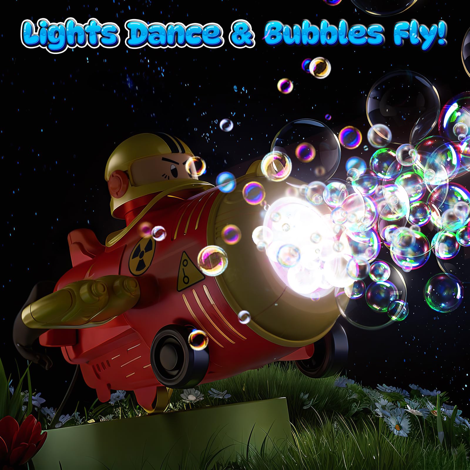 JOI MEW LED bubble lights add magical glow during dusk play.