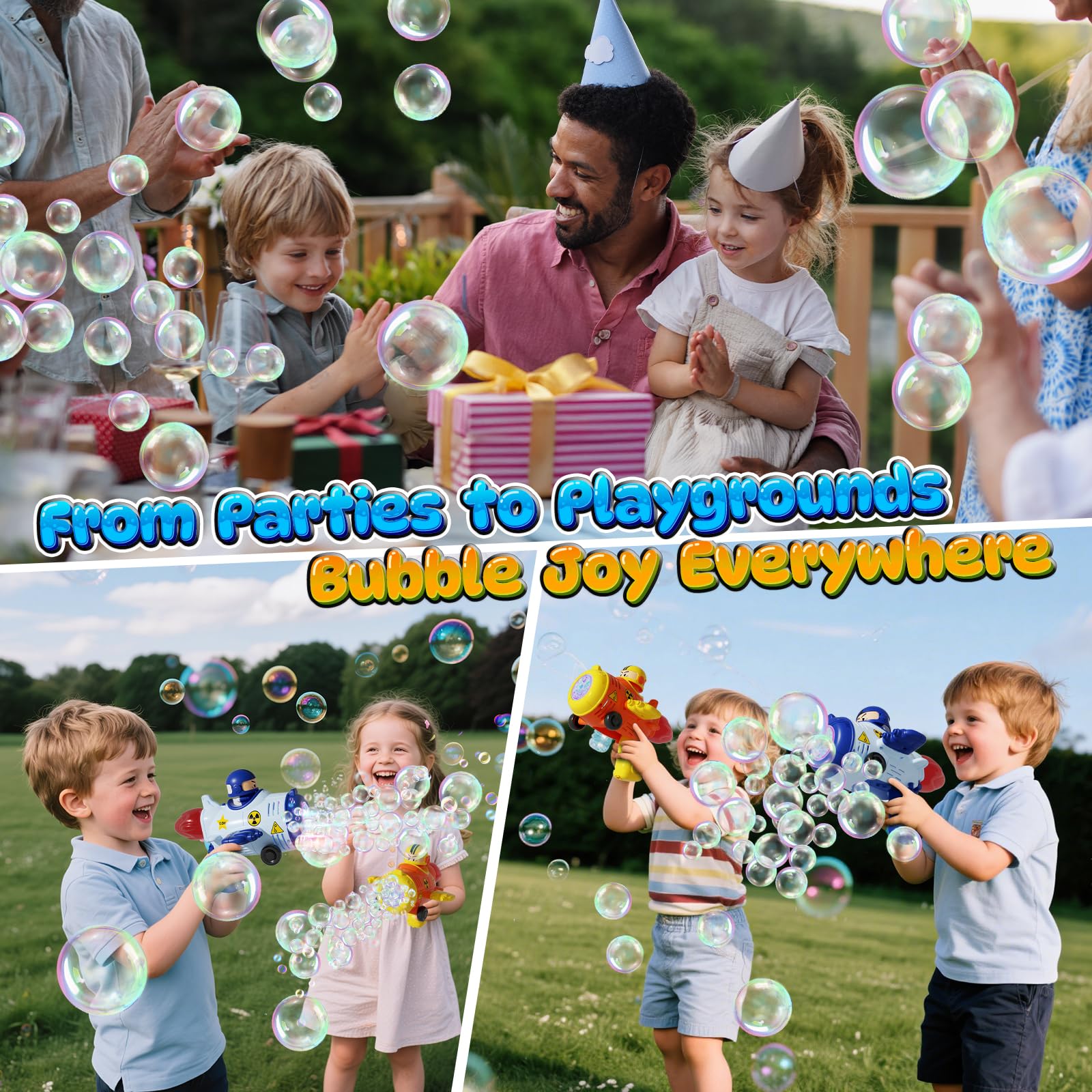 JOI MEW outdoor bubble play scene for park parties.