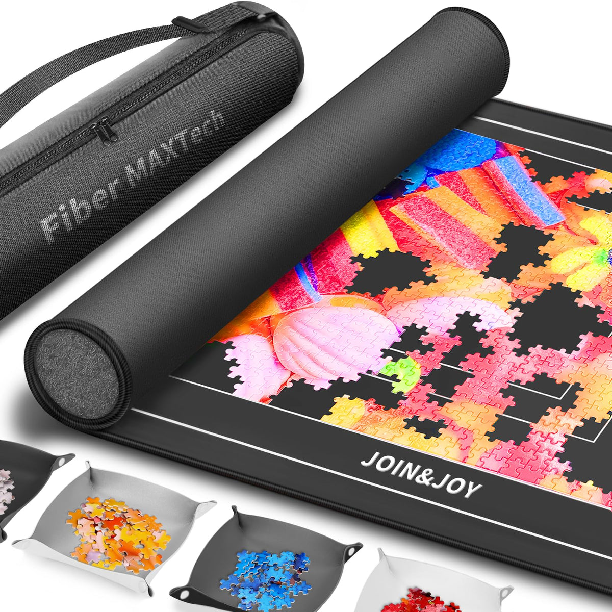 Join&Joy puzzle mat rollup with foam roller for crease-free setup.