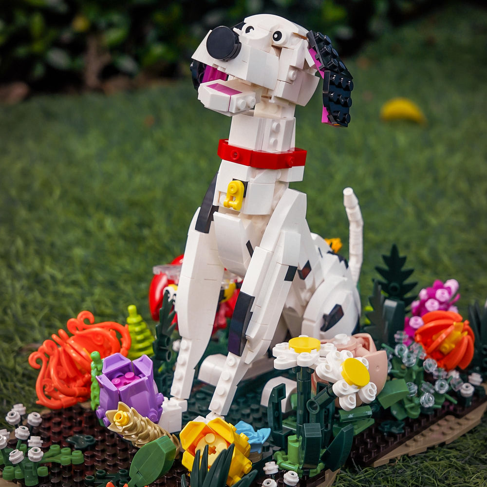 JOJO&Peach Dalmatian with roses on floral base adds charm.