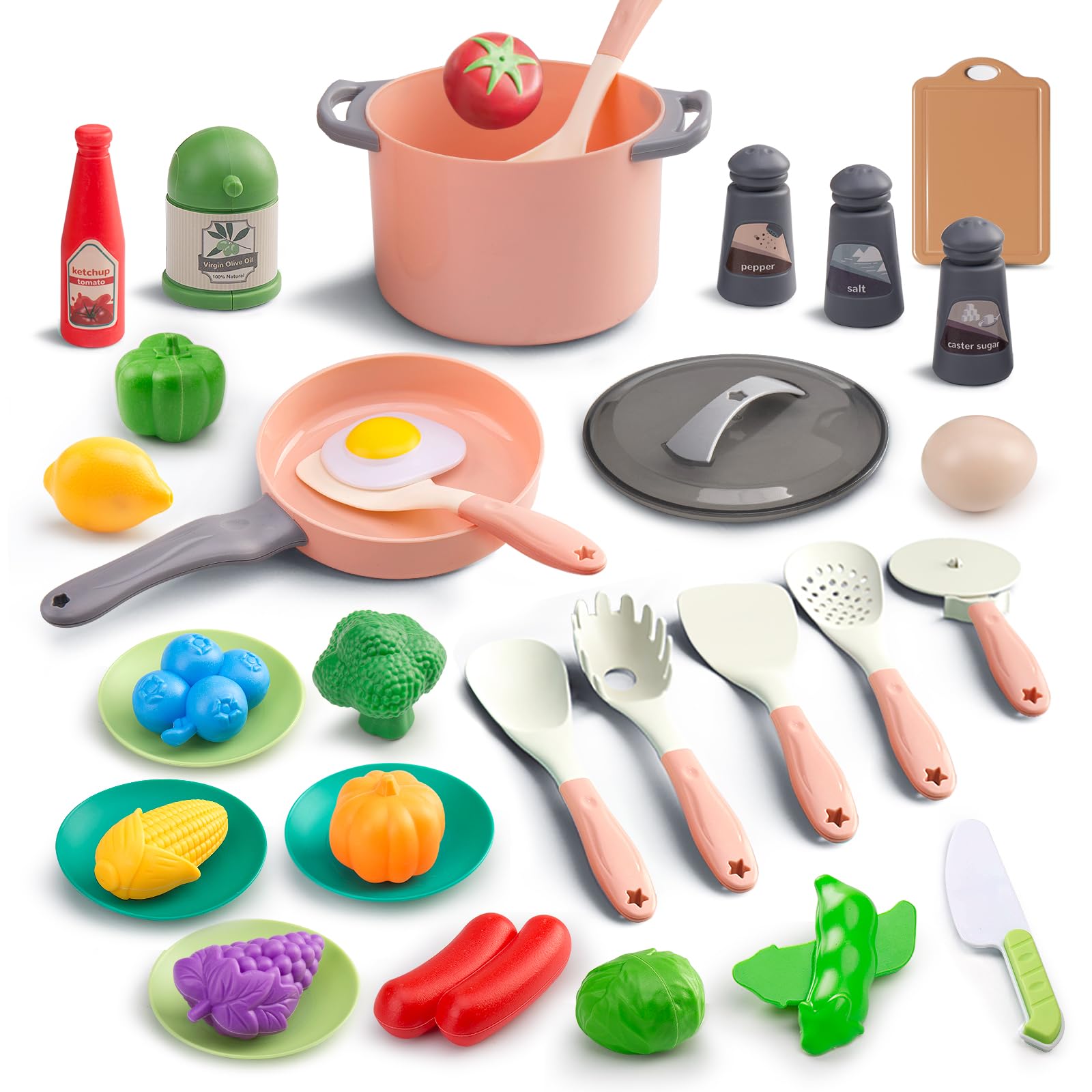 JOKERKING 35-piece pink kids kitchen set with pots and pans for imaginative play