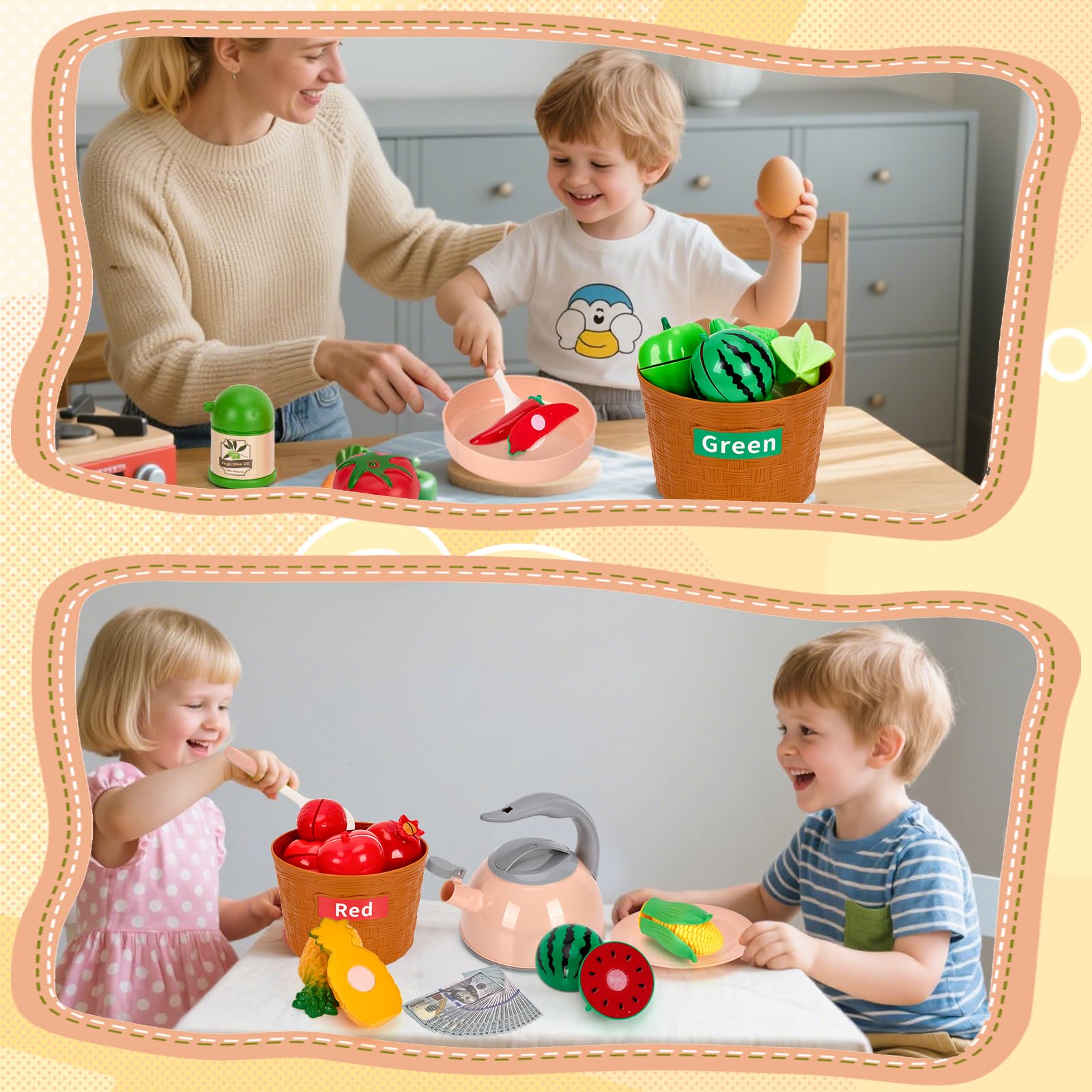 JOKERKING condiment bottles add authenticity and bright color cues for pretend recipes.