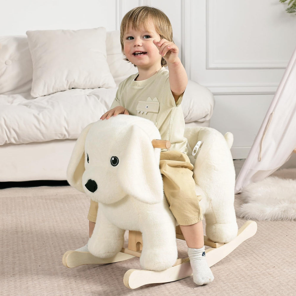 Jolie Vallée Labrador rocking toy wooden seat encourages safe, supported rocking.