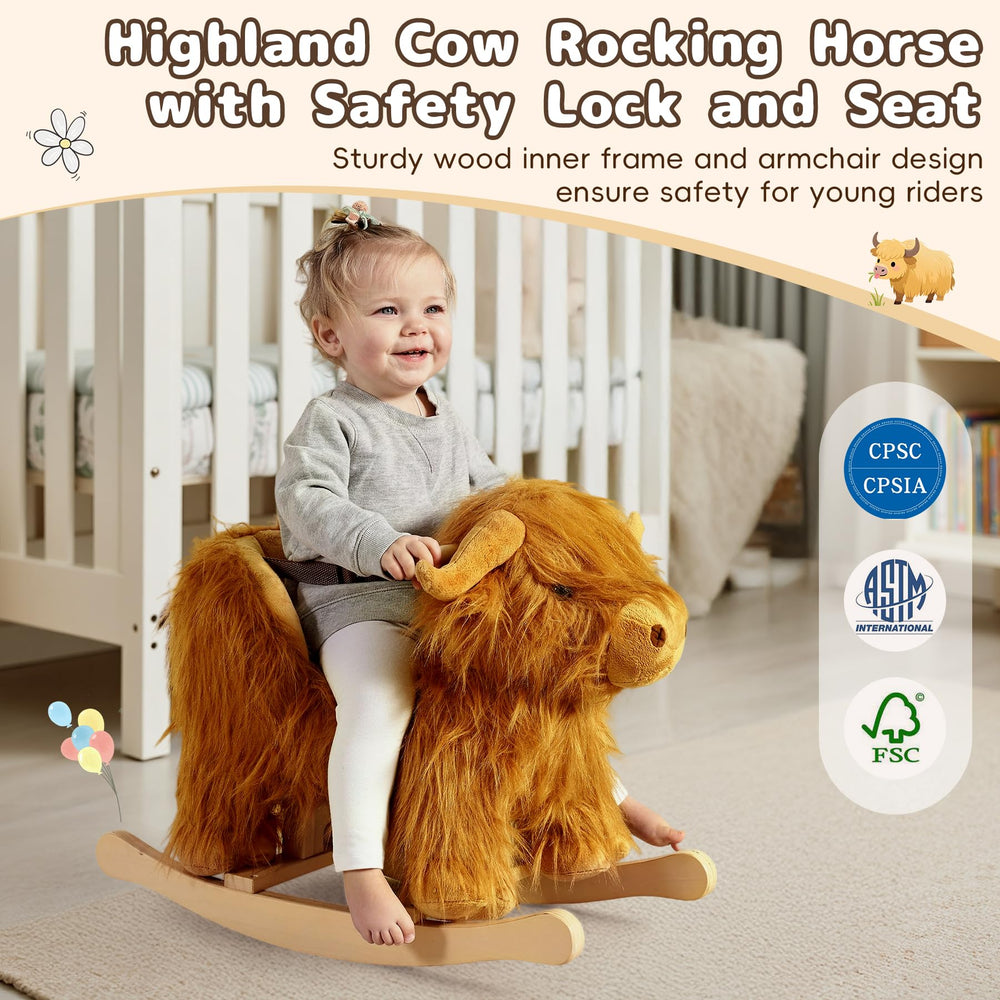 Jolie Vallée Highlander cattle rocker in-use demonstrates safe rocking for children.