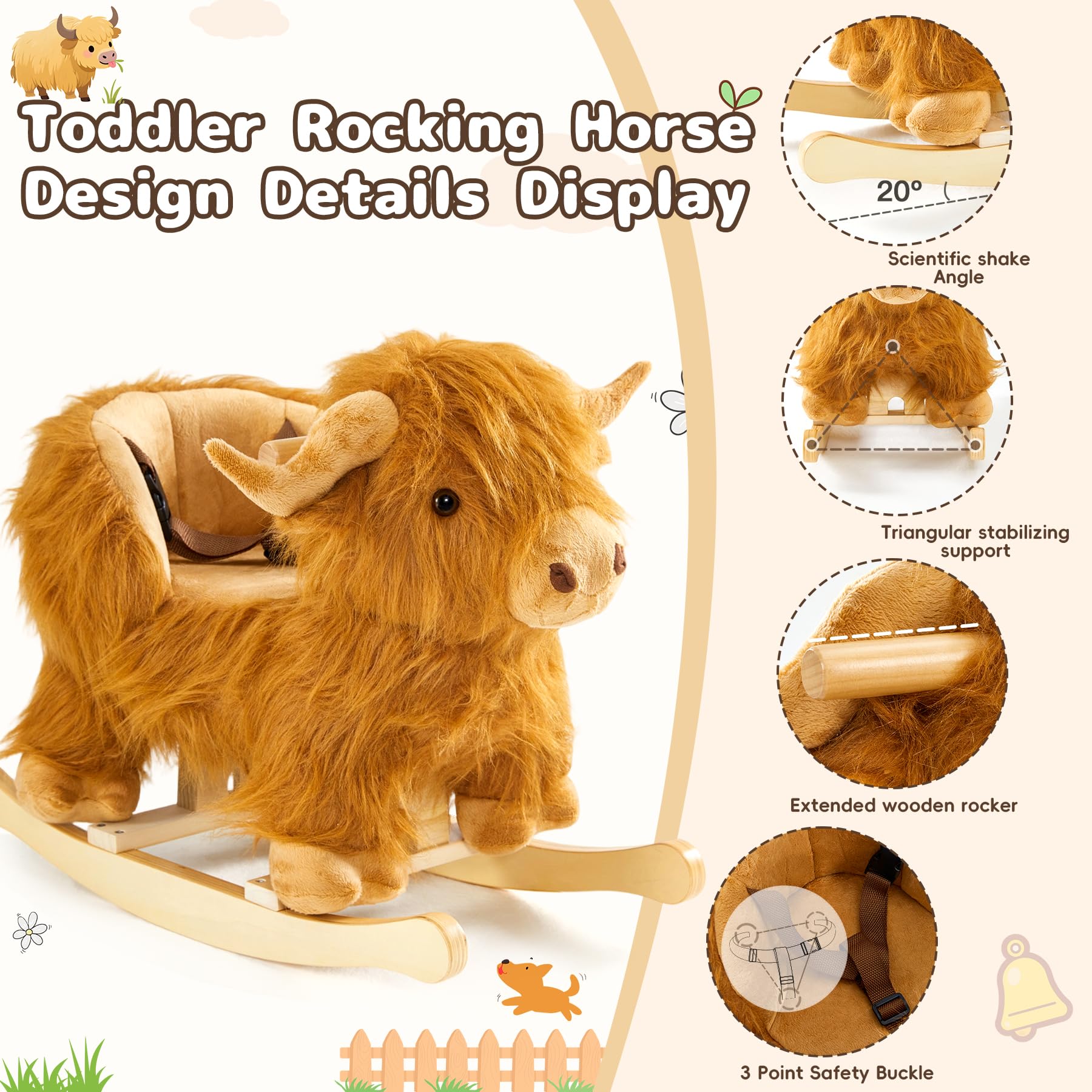 Jolie Vallée Highlander cattle rocker seat detail highlights soft fabric and comfort.