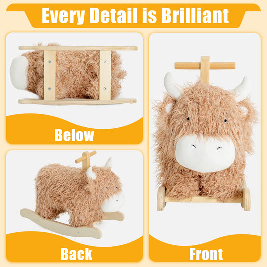 JOLIE VALLÉE TOYS wooden yak rocking horse with plush finish; encourages imaginative play.