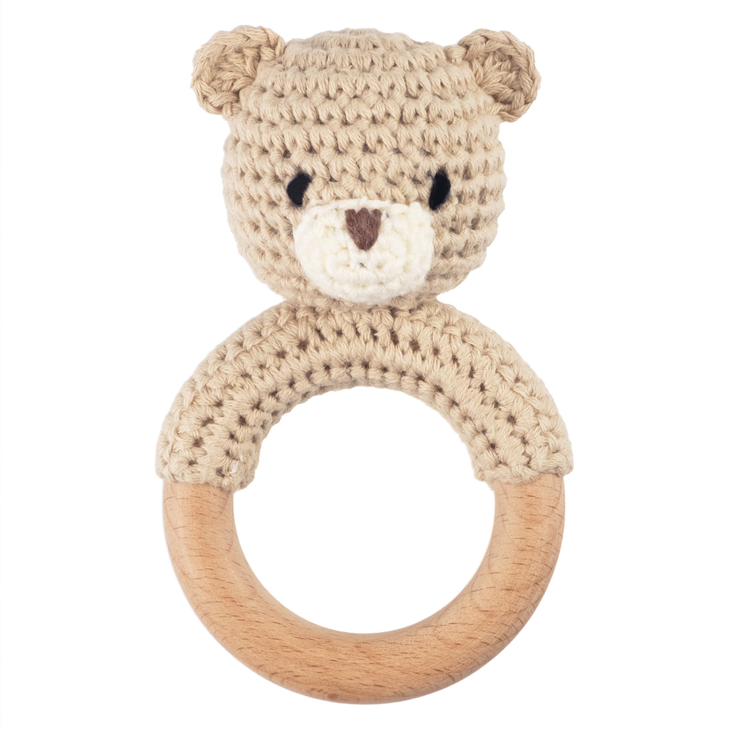 Joliecraft Safari Animals bear rattle with teether offers gentle sound for early engagement.