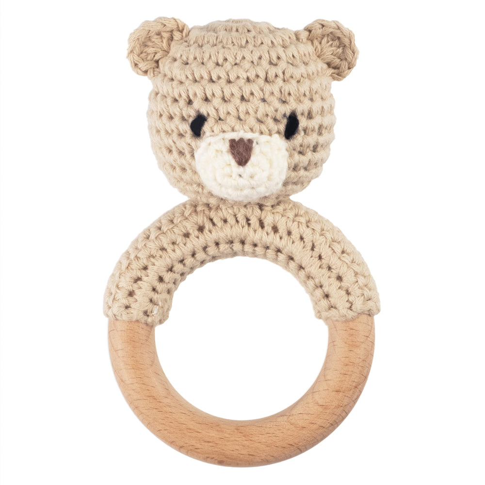 Joliecraft Safari Animals bear rattle with teether offers gentle sound for early engagement.