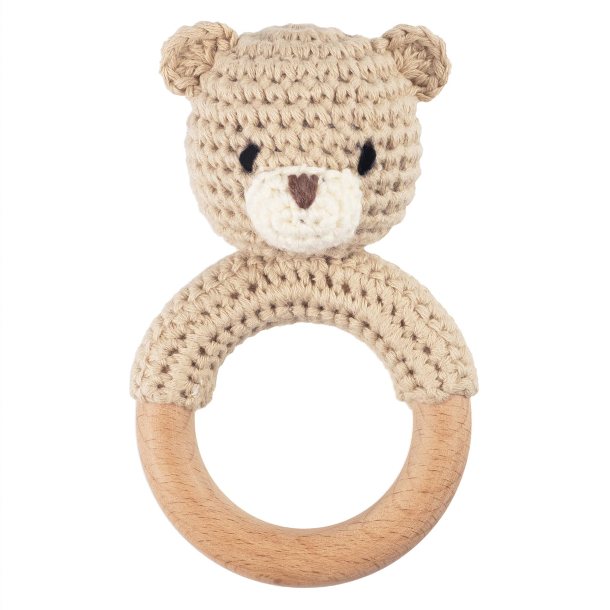 Joliecraft Safari Animals bear rattle with teether offers gentle sound for early engagement.