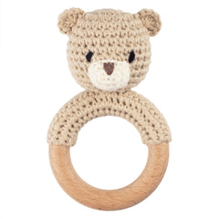 Joliecraft Safari Animals bear rattle with teether offers gentle sound for early engagement.