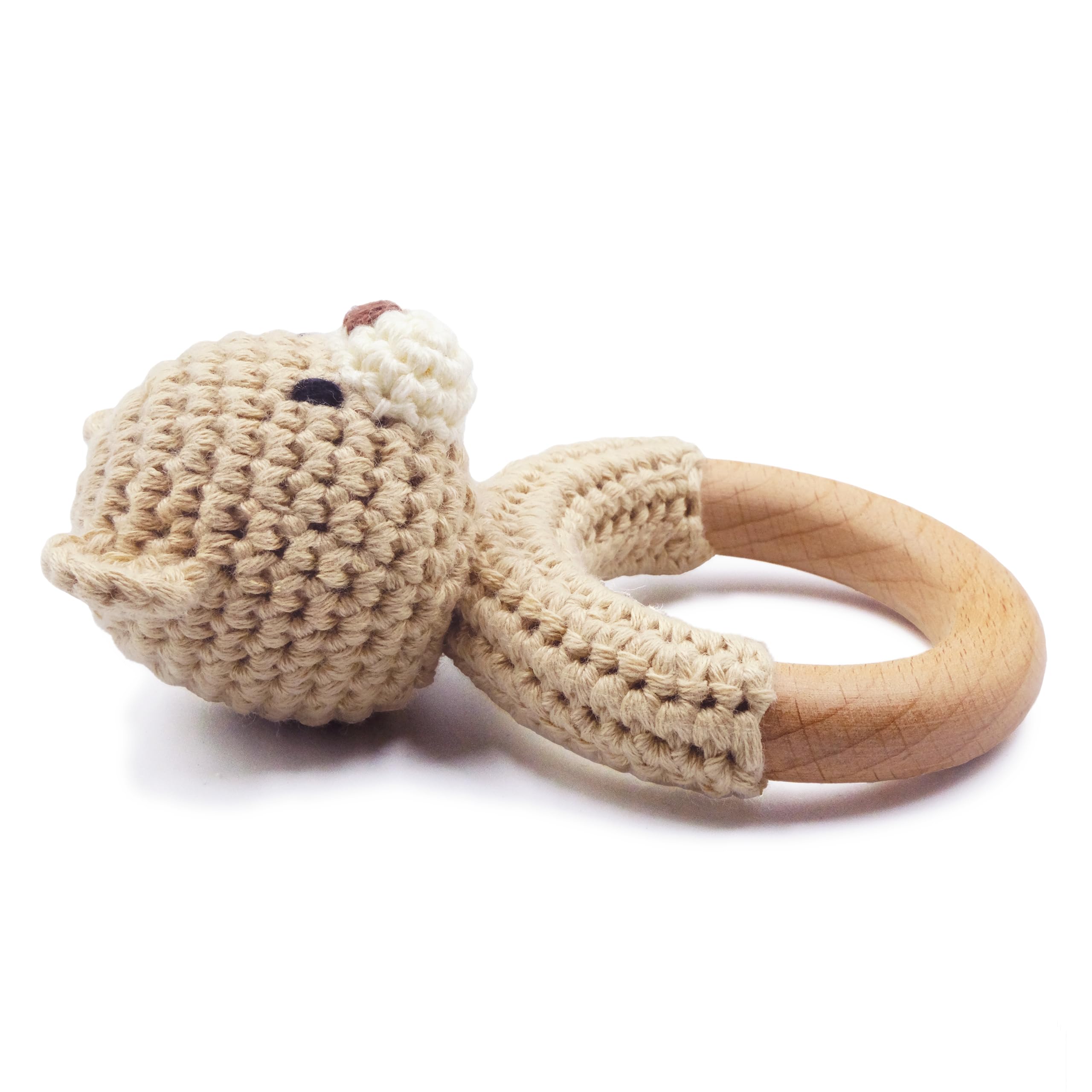 Joliecraft bear rattle features soft cotton and wood teether for soothing tactile play.