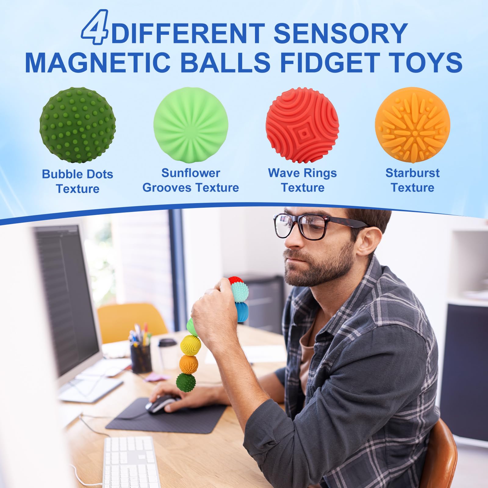 Jollicube portable fidget ball fits in a pocket for stress relief anywhere.