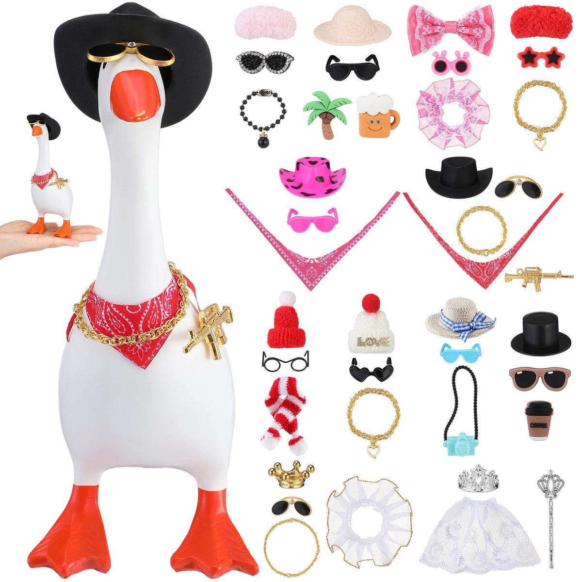 JolliLudo goose outfit cowboy hat enhances desk-goose personality for fun office decor.