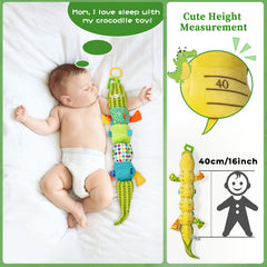 Jollybaby alligator plush toy offers soft textures for safe baby play