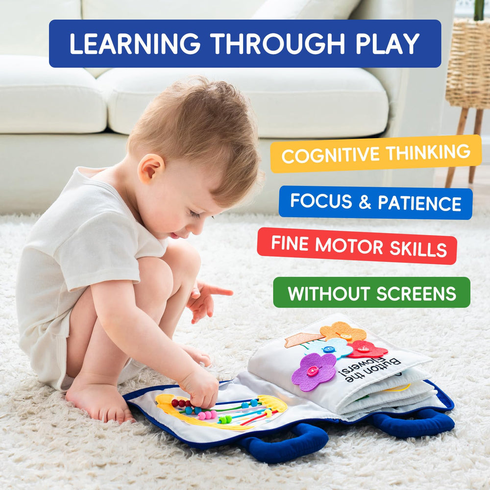 Jollybaby busy book pages show colorful scenes to boost hand-eye coordination