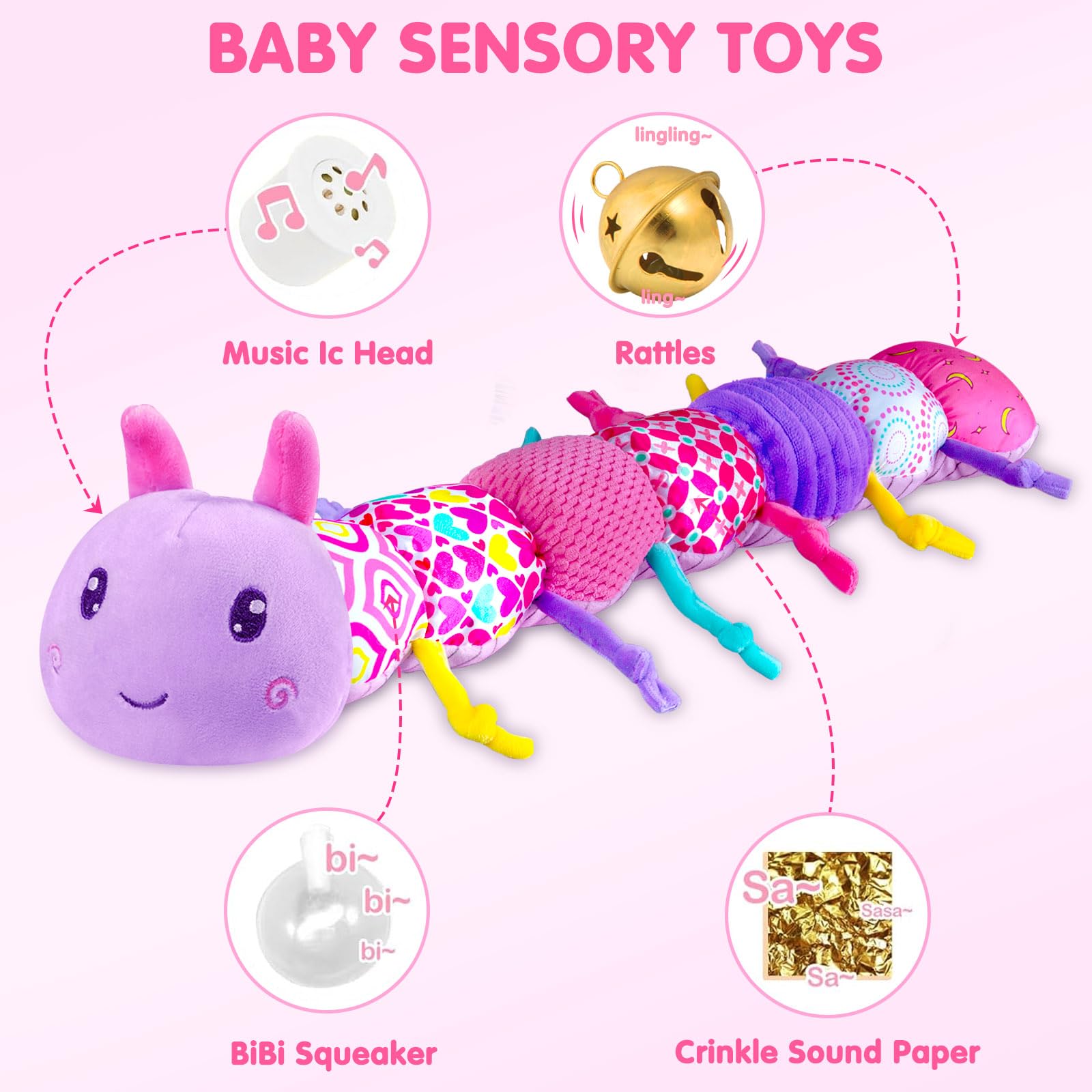Jollybaby Caterpillar Toy squeak sound enhances early auditory awareness on the go