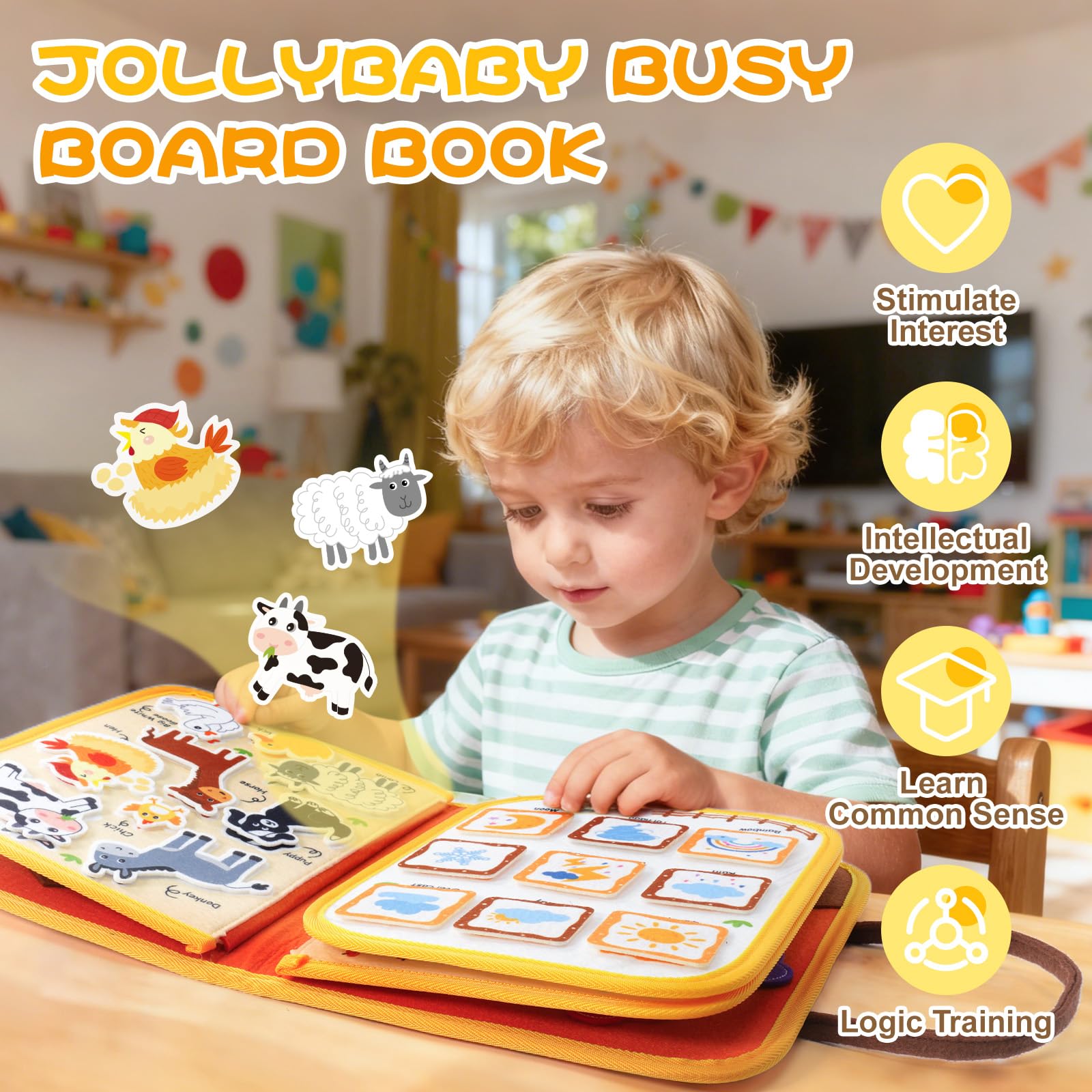 Jollybaby Farm Busy Book open pages invite interactive activities for little hands.