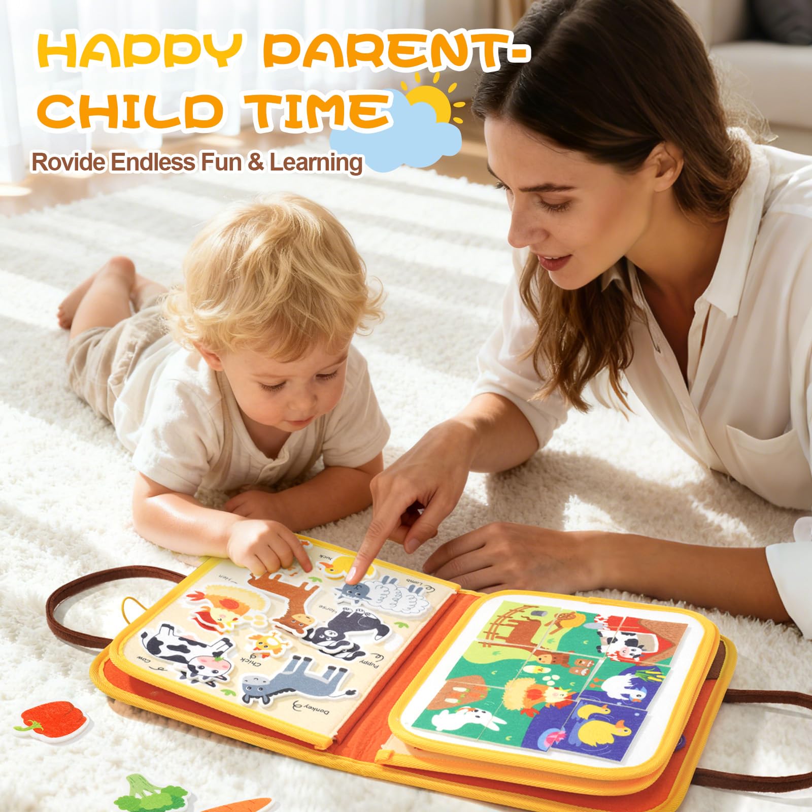 Jollybaby Farm Busy Book portable-carry-handle design enables travel-friendly learning.