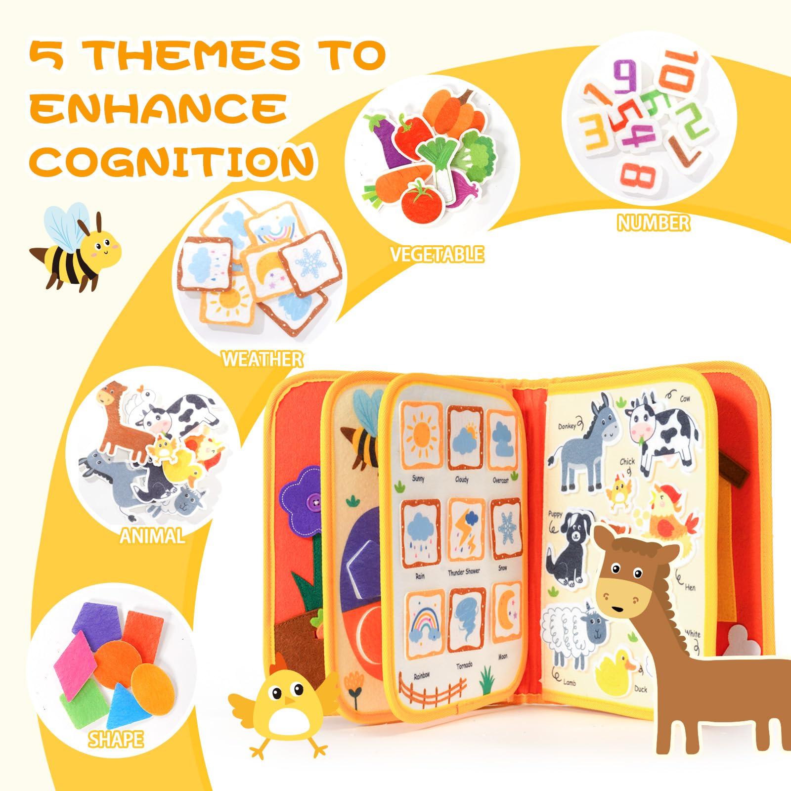 Jollybaby Farm Busy Book puzzle board promotes problem solving through colors.