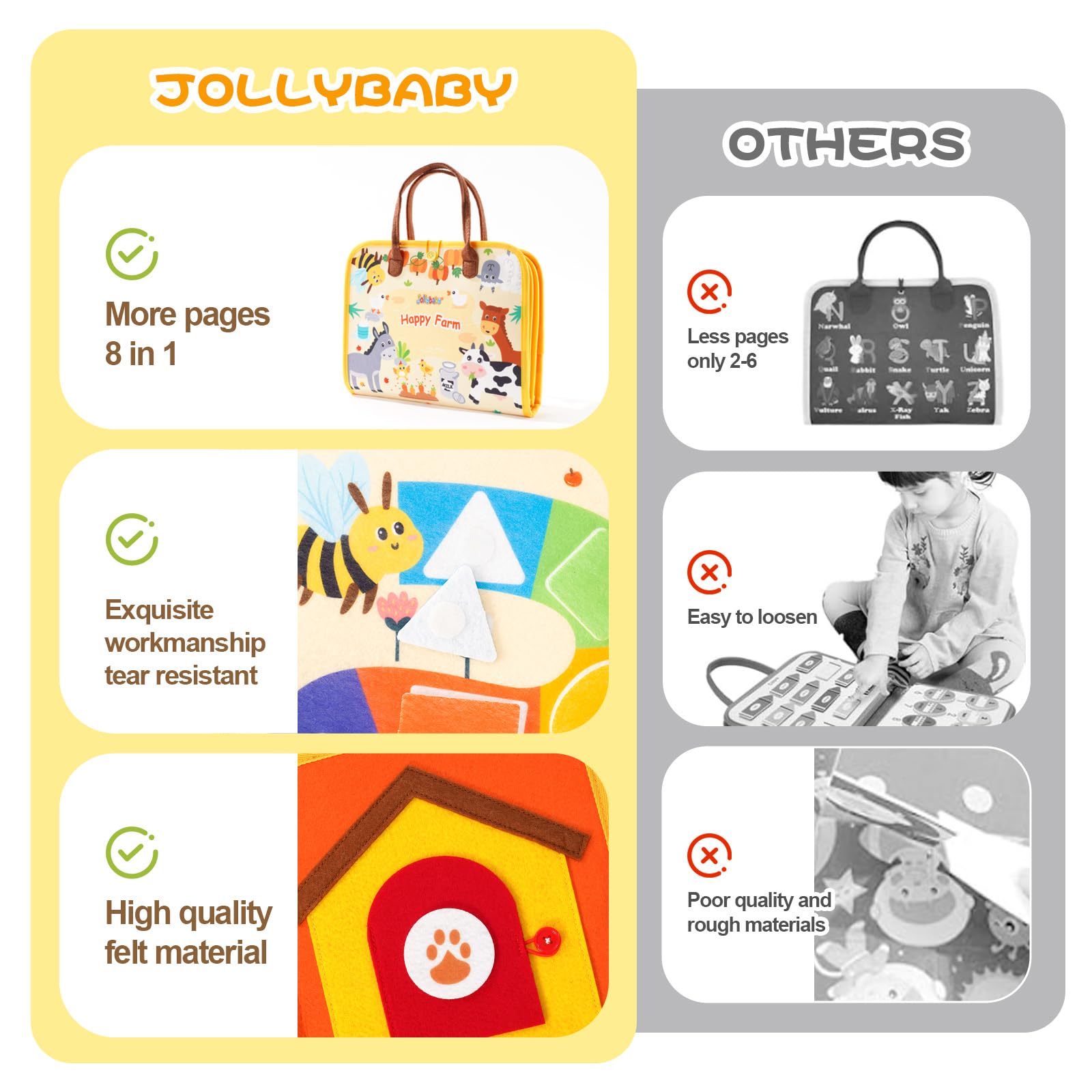 Jollybaby Farm Busy Book shape matching supports early cognitive skills.